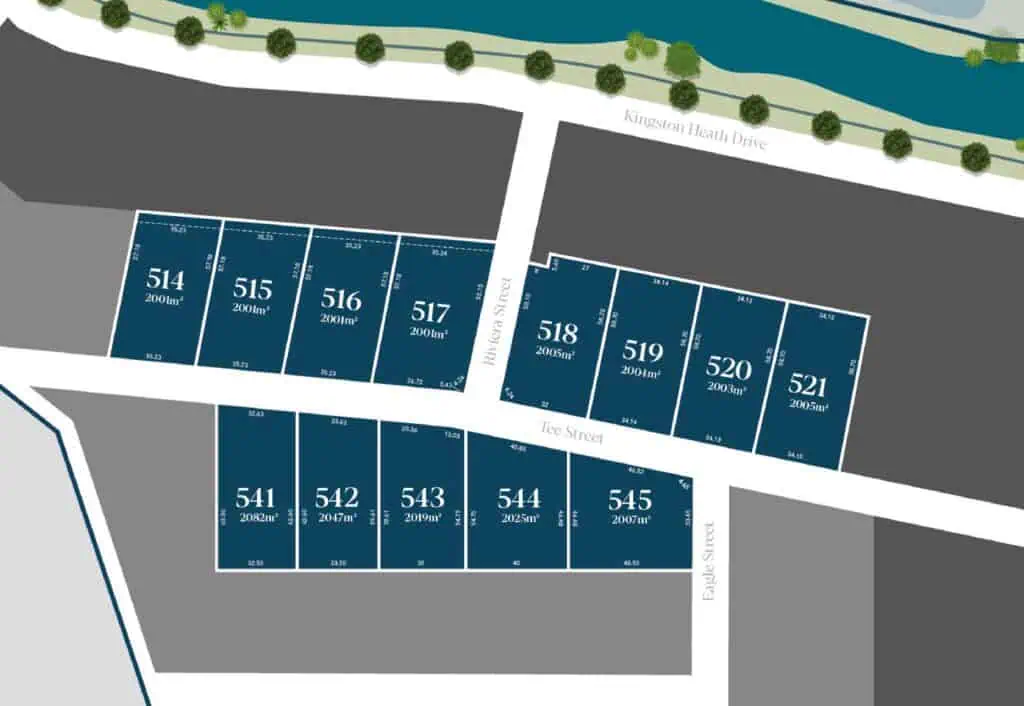 Map of land parcels for sale at LandGipps, showing plots 514 to 521 and 541 to 545 near Kingston Heath Drive and Lake Street.