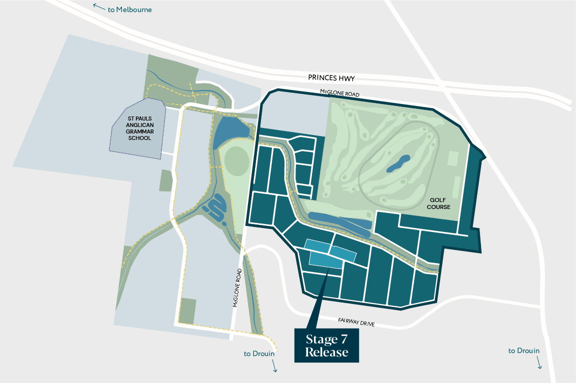 Map of LandGipps land development showing stages, golf course, and surrounding roads in Victoria, Australia.
