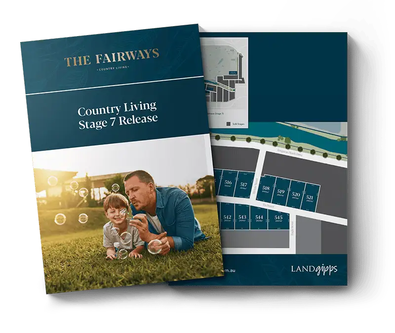 Brochure for LandGipps Country Living Stage 7 release featuring a father and child outdoors with a map of land plots.