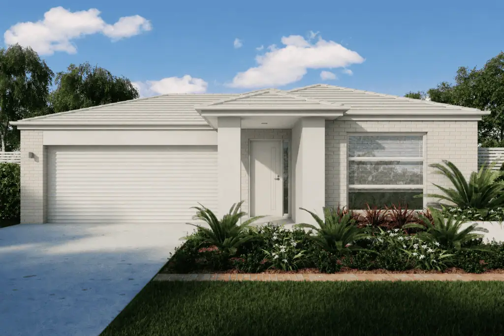 Contemporary single-story house with a white brick exterior, large window, and a landscaped front garden with tropical plants.