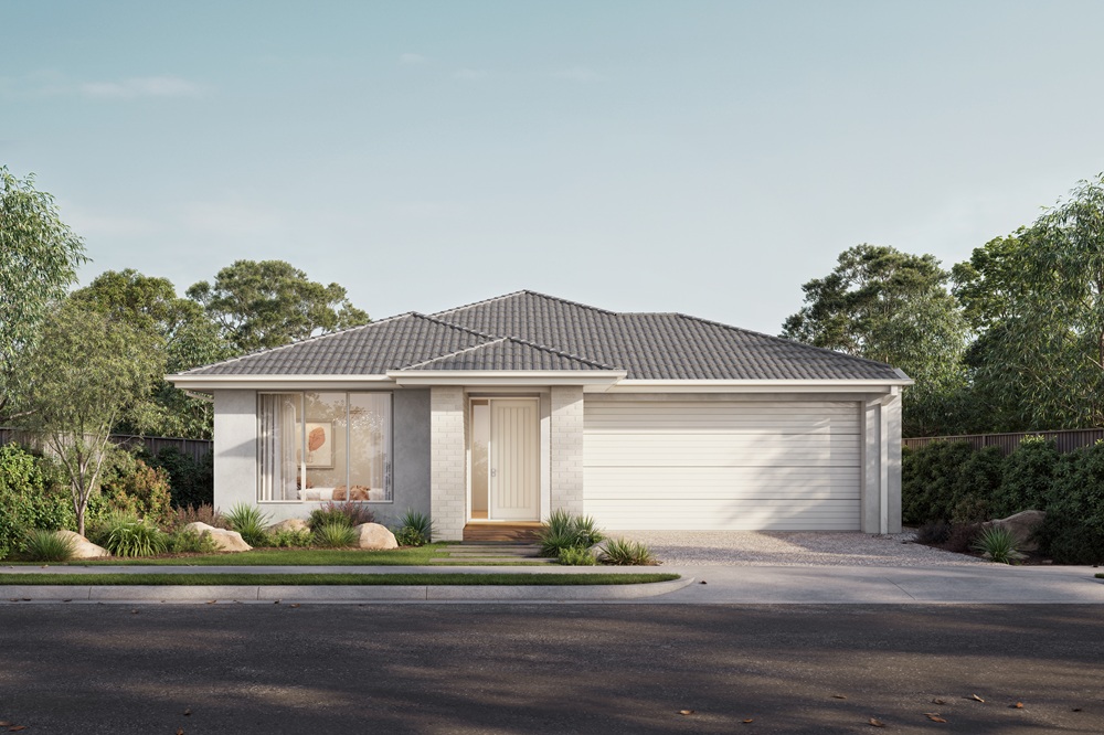 Modern house front with landscaped garden and driveway.