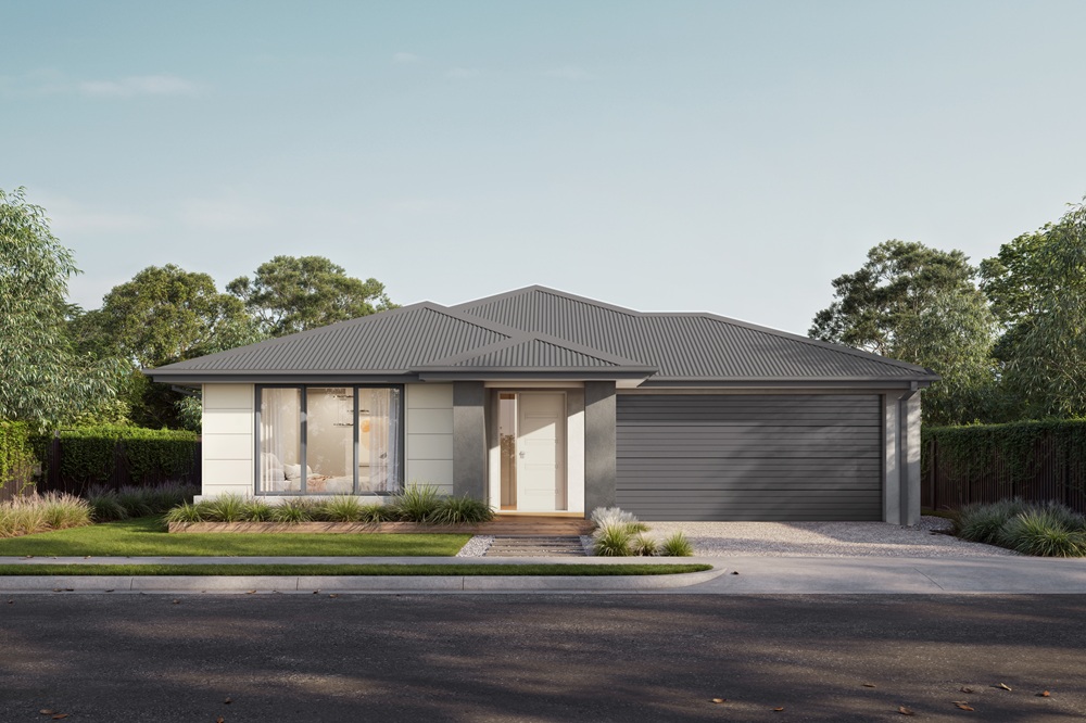 Spacious modern house in Lawson 28 Boost - Lot 522pr with sleek exterior, large windows, and a double garage, ideal for buyers looking for land for sale and new homes in Gippsland.