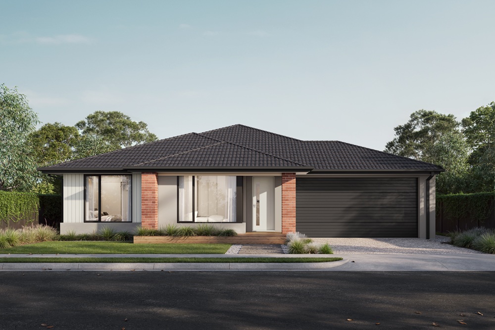 Modern single-story house with brick accents and a double garage.