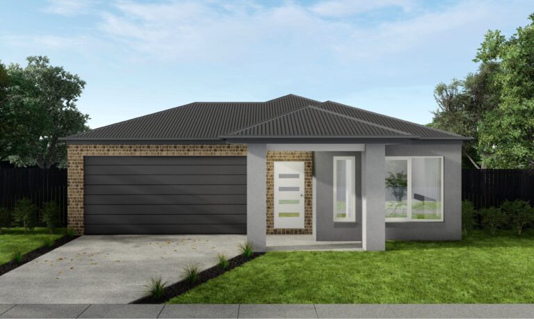 Modern single-story house with a brick and grey render facade, featuring a large black garage door, contemporary front door design, and spacious windows, set in a lush green suburban setting.