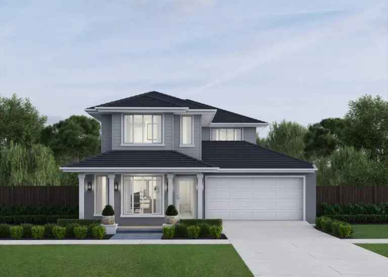 Beautiful modern two-story family home on Lot 1016 in Airlie estate, featuring a spacious driveway, landscaped garden, and contemporary design, perfect for family living.