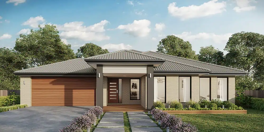 A contemporary single-story family house featuring a spacious driveway, modern facade, and lush garden, perfect for those seeking land for sale and new home construction in Gippsland.