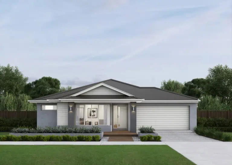 Modern single-story house with landscaped garden and driveway.