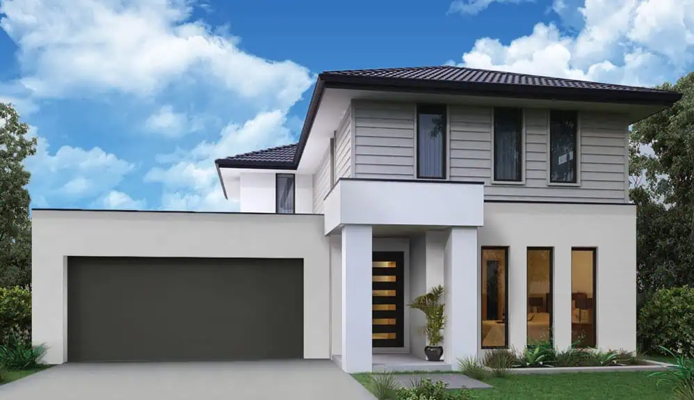 Contemporary two-storey house with a double garage, large windows, and a landscaped front yard in Clovelly 212.