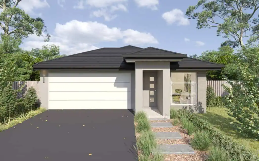 Contemporary single-story house with a grey roof, white walls, and a landscaped front yard, located in a suburban setting with trees and a clear sky.