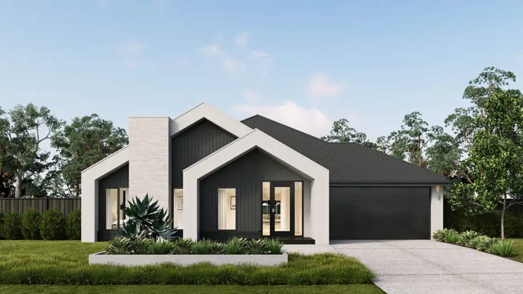 Contemporary house with sleek design on land for sale in Gippsland, featuring a black and white exterior, large windows, and a spacious driveway.