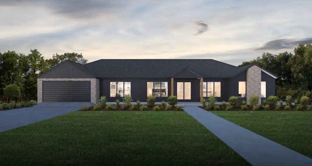 Wilkins 34 – Land for Sale Modern single-story home on Lot 424 in Country Living Stage 6, LandGipps, featuring a sleek design, spacious front yard, and landscaped garden.