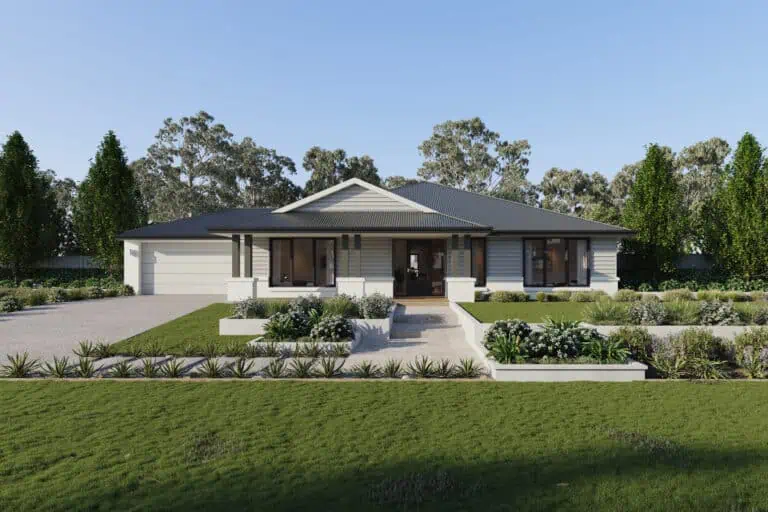 Modern single-story home with landscaped front yard and driveway, situated in a scenic suburban setting.