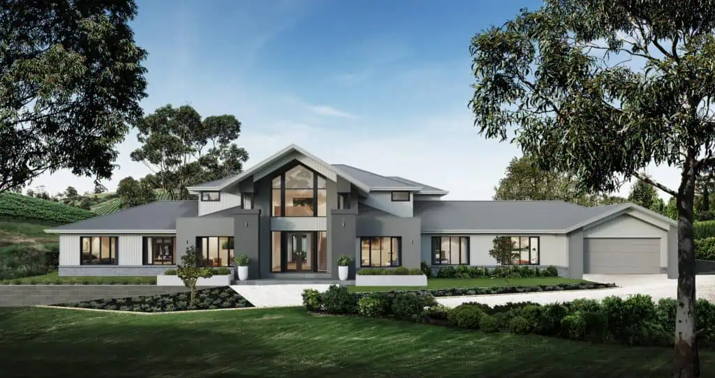 Modern luxury home on Lot 423 in Highlander 68, featuring contemporary design, large windows, and landscaped gardens, ideal for family living.