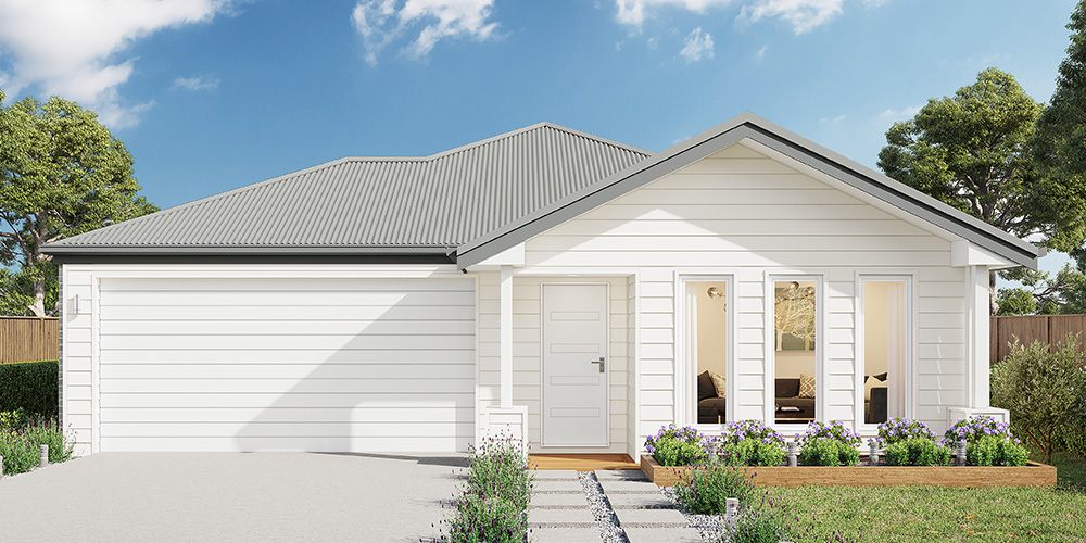 Modern white family house with a grey gable roof, front garden, and large windows in a suburban setting, ideal for new home buyers.