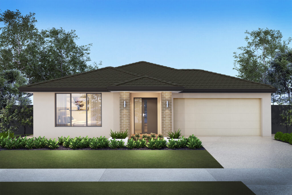 Modern house with front garden, large window and garage, showcasing spacious and stylish land for sale in Gippsland, ideal for building your dream home in a scenic location.