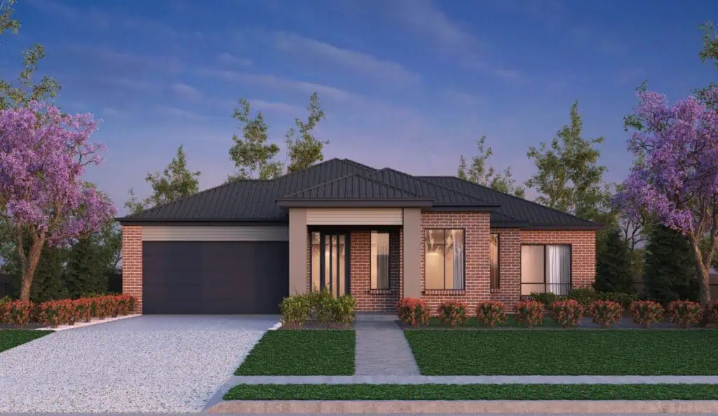 Contemporary single-story brick house with a dark roof, large windows, and a two-car garage, surrounded by landscaped gardens and flowering trees.