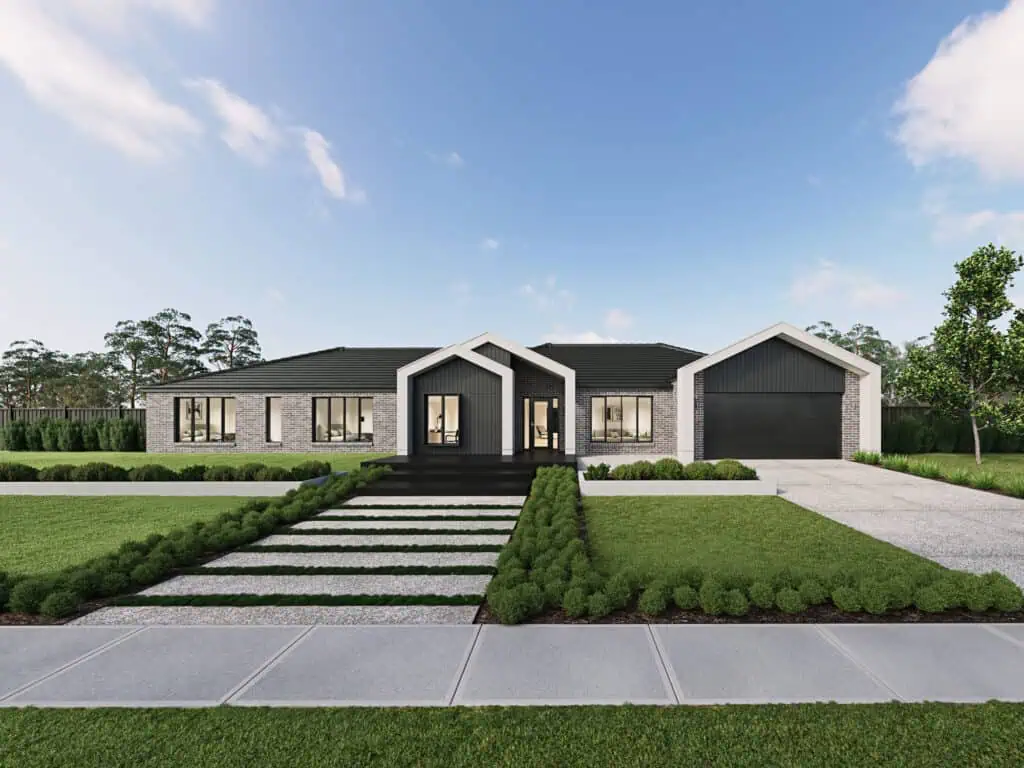 Contemporary single-story family house with a well-maintained front yard and driveway, set in a scenic suburban area.