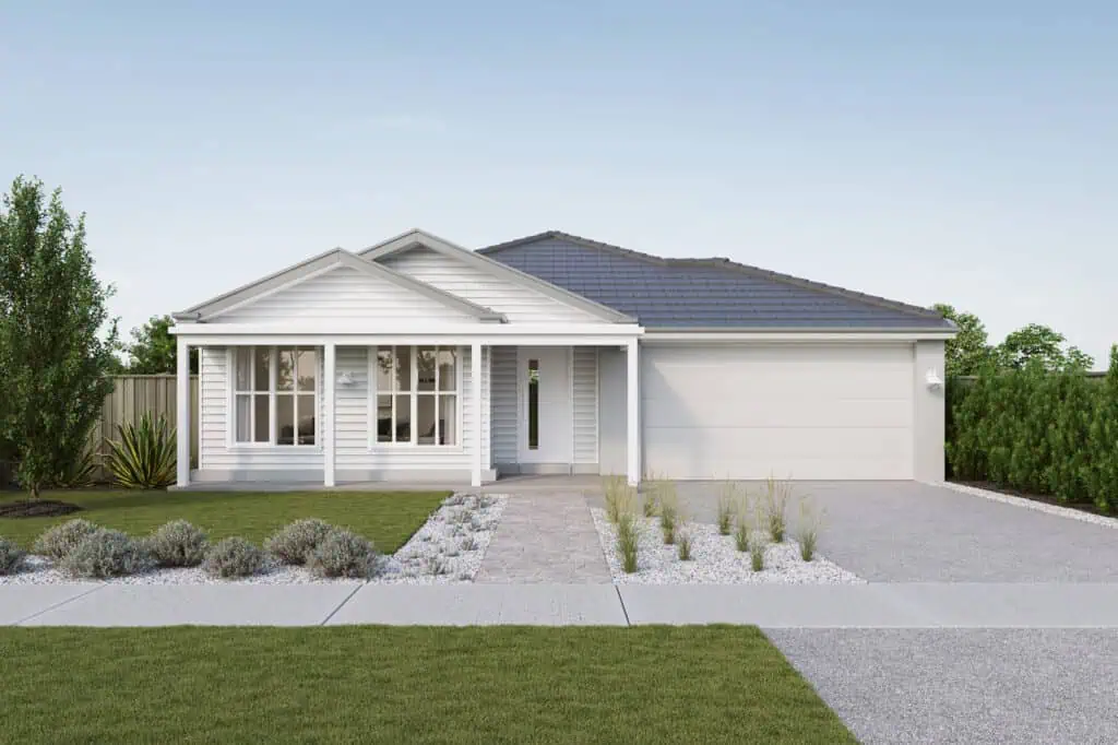 Contemporary single-story house with white exterior, front porch, and well-maintained garden in a suburban setting.
