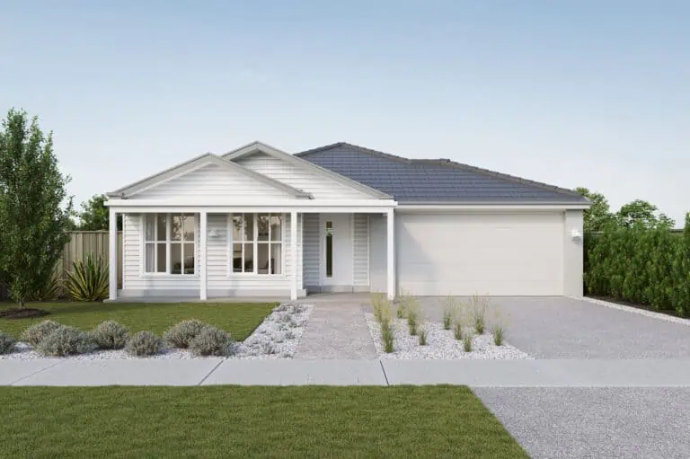 Contemporary single-story house with white exterior, front porch, and well-maintained garden in a suburban setting.