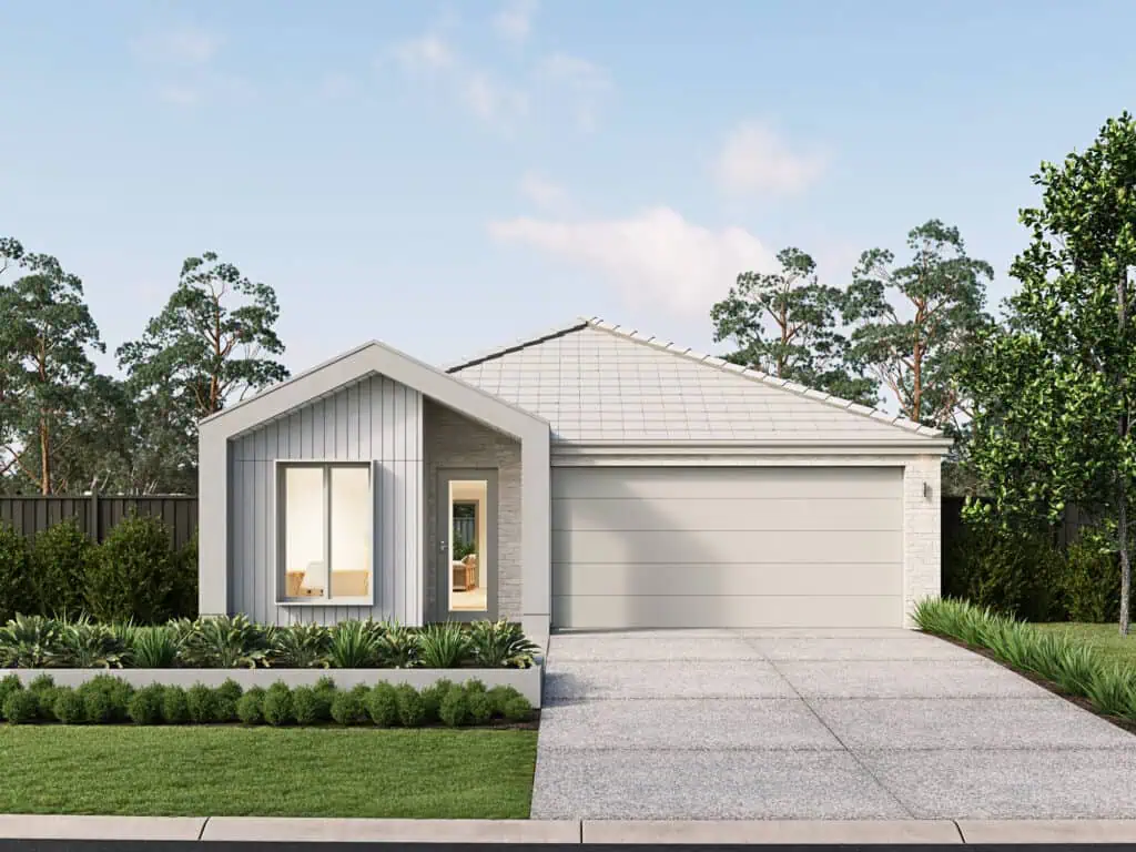 Modern house with a grey roof and white exterior, featuring a large front window and a two-car garage, set in a landscaped yard with green grass and trees.
