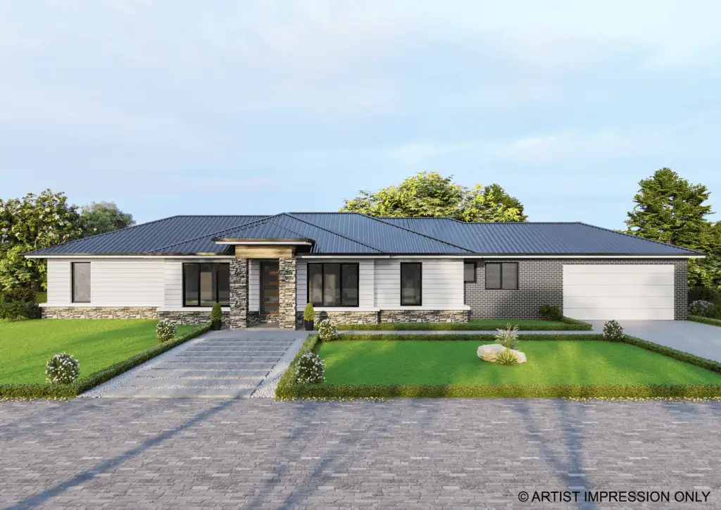 Modern Family Home in LandGipps Contemporary single-story house with a dark metal roof, stone accents, and large windows, set in a landscaped garden with a paved driveway.