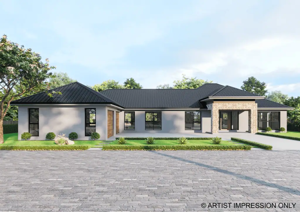 Modern LandGipps Home Design Contemporary single-story house with a black roof, white walls, and large windows, set in a landscaped yard with trees and a paved driveway.