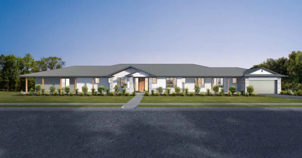 Valley 65 – Modern Family Home Spacious single-story family home with a large front yard, modern design, and a wide driveway in a peaceful suburban setting.