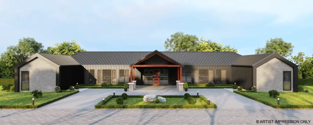 LandGipps Land for Sale – The Willow 36 Modern residential home on a spacious lot with landscaped gardens and a paved driveway, ideal for country living.