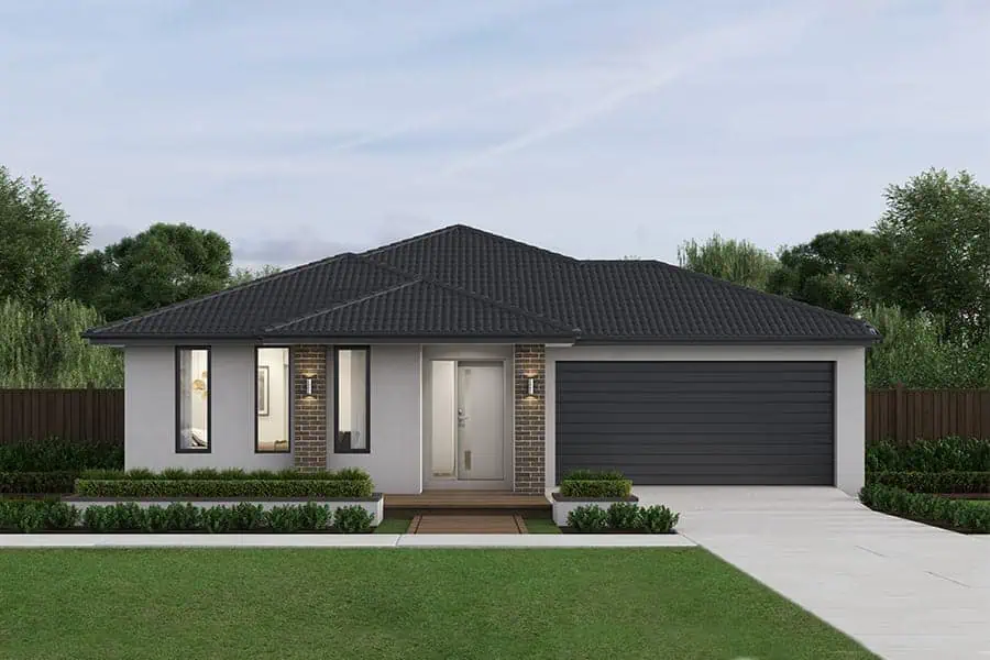 Contemporary single-story house with a dark tiled roof, white walls, and a two-car garage, set in a lush green yard with a clear sky.